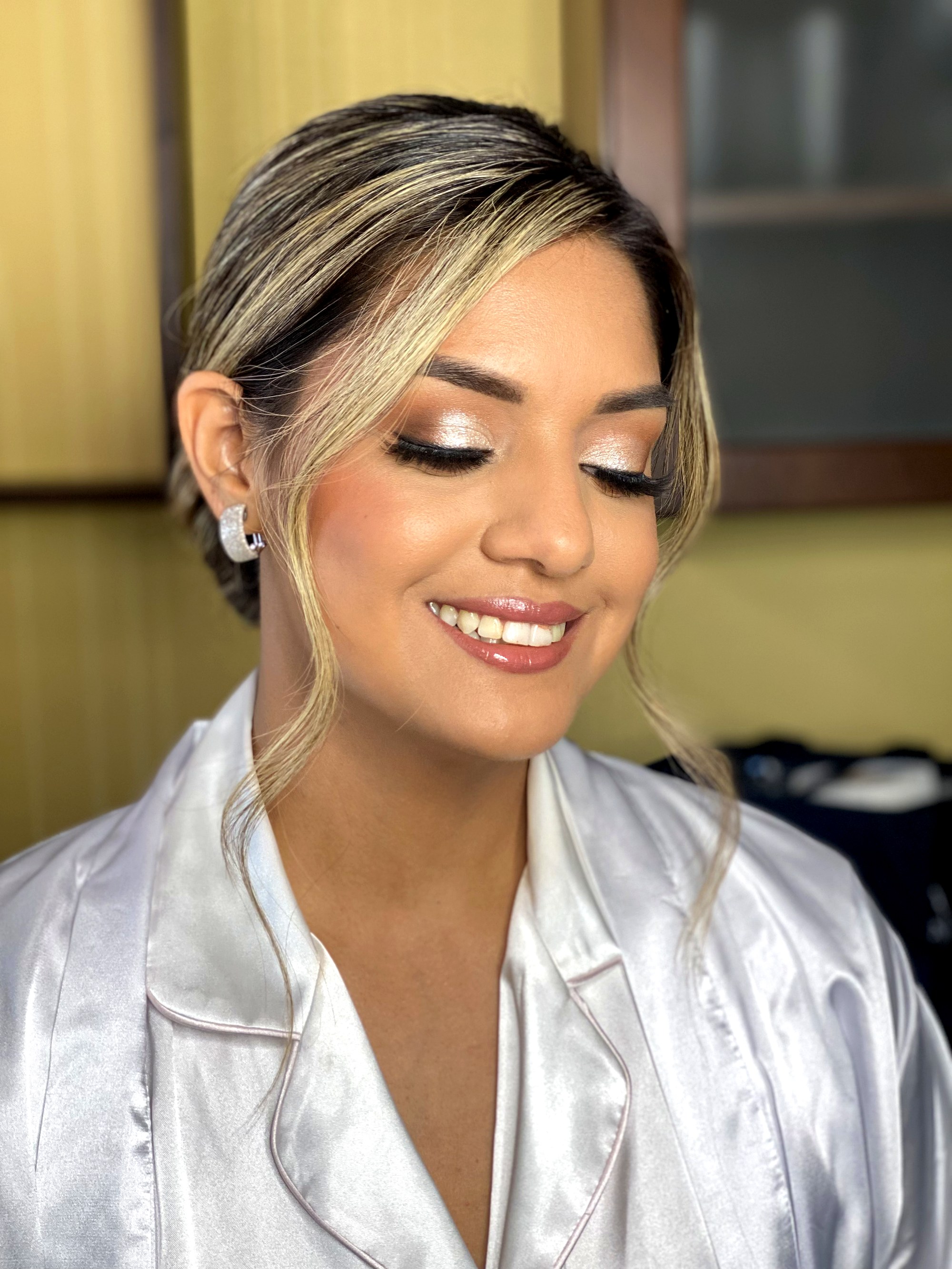 Wedding day bridal — radiant skin, shimmer eyes, and a joyful glow
