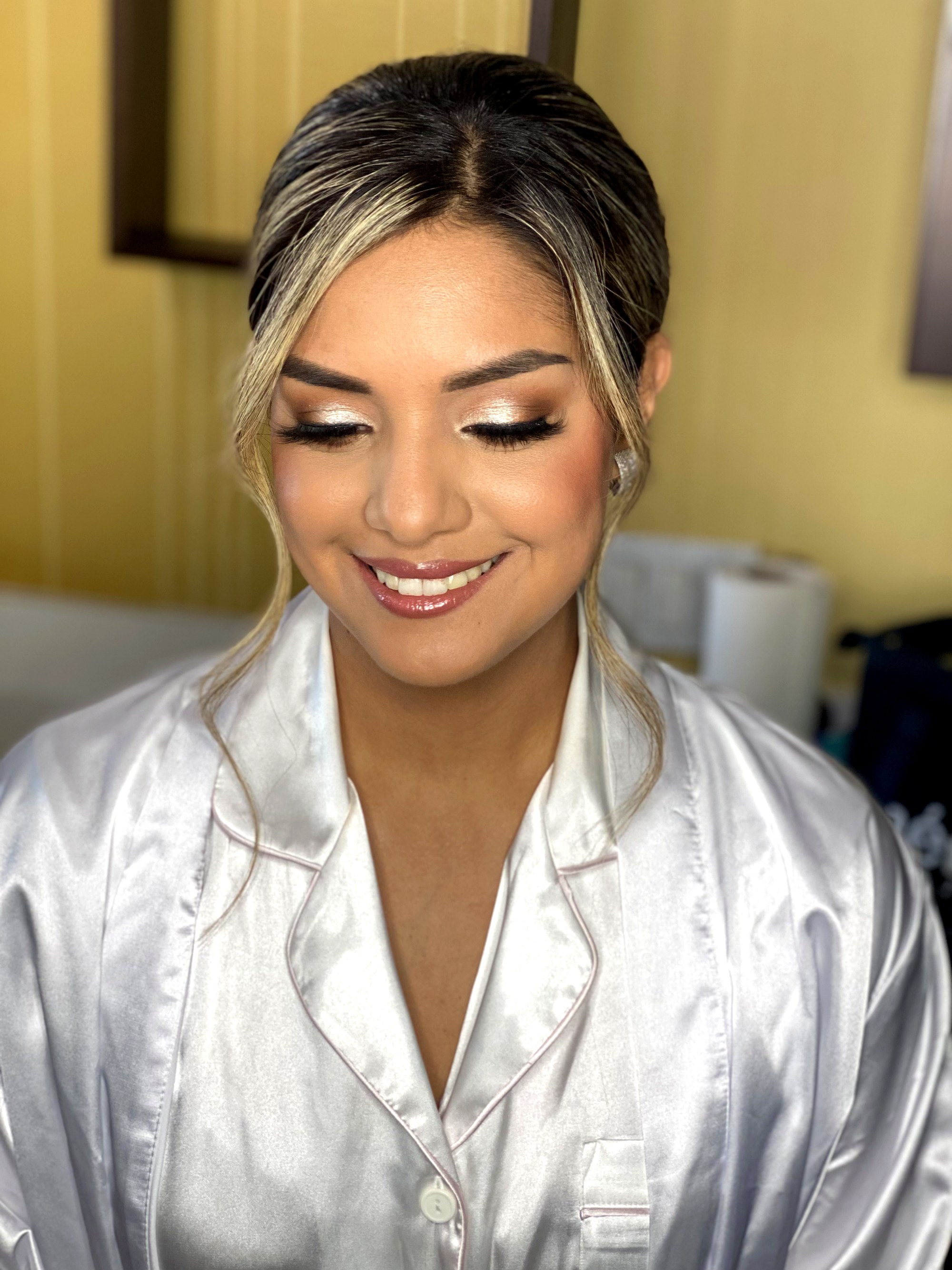 Bridal makeup portrait — luminous skin, soft romantic eyes